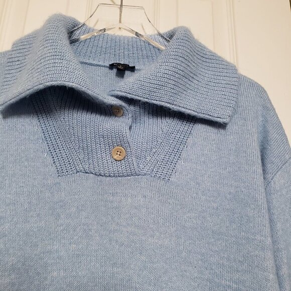 Talbots Breton Button Collar Pullover Cotton Blend Knit Blue Sweater Womens L - Picture 2 of 7